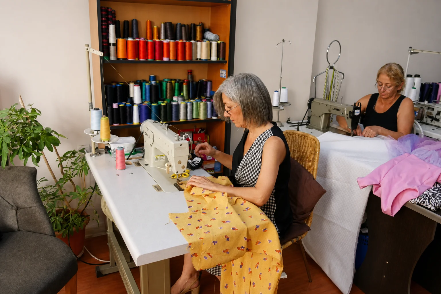 Vahide Hanım çalışma atölyesinde dikiş makinesinin başında kumaş dikerken